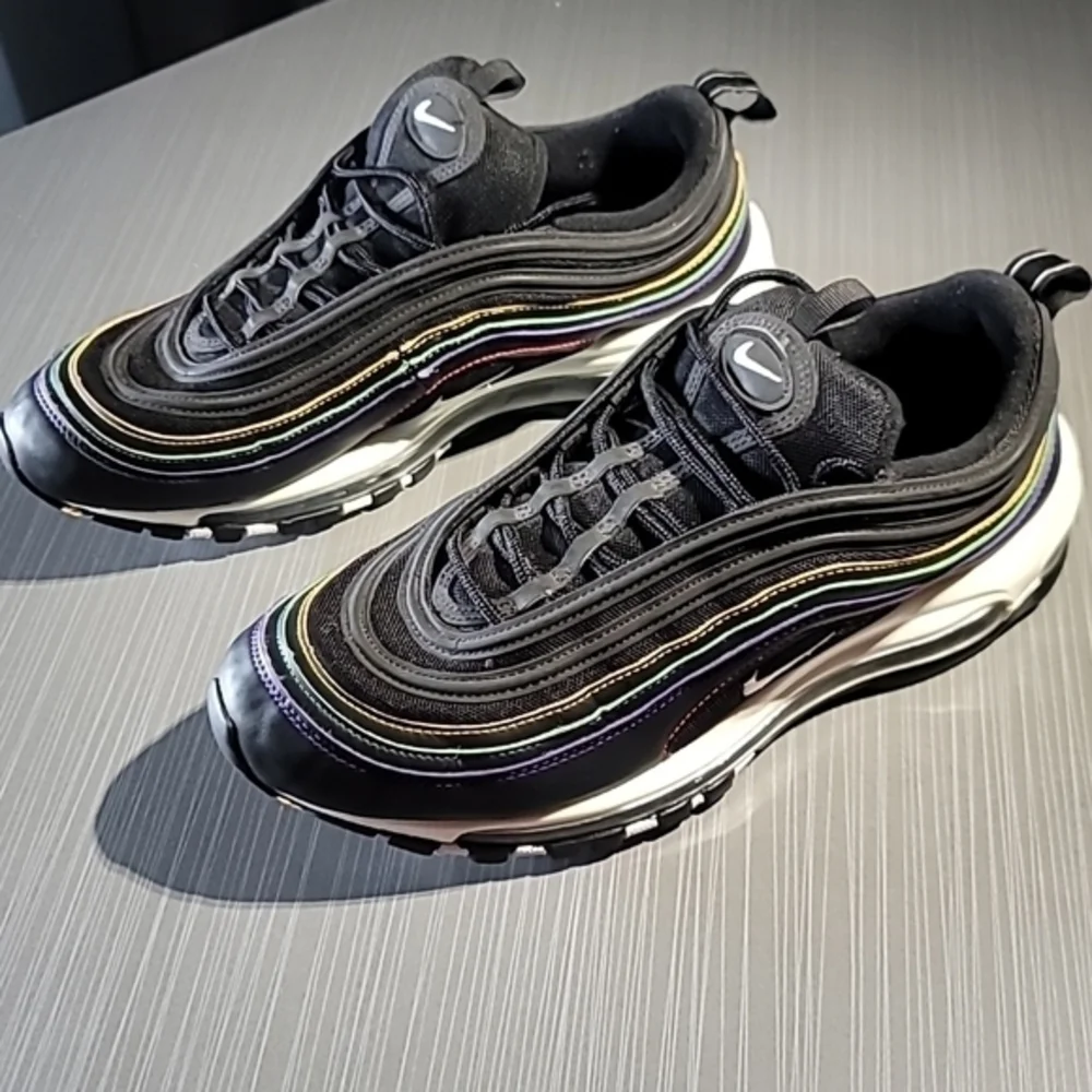 Nike Air Max 97 Black Leather&Mesh W/ Yellow/Green/Purple/Red Stitch Wo…‎
